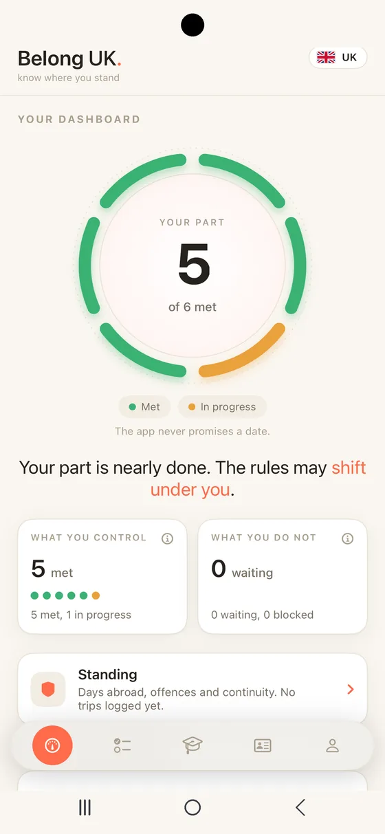 Belong UK on Android: the Dashboard with the progress ring