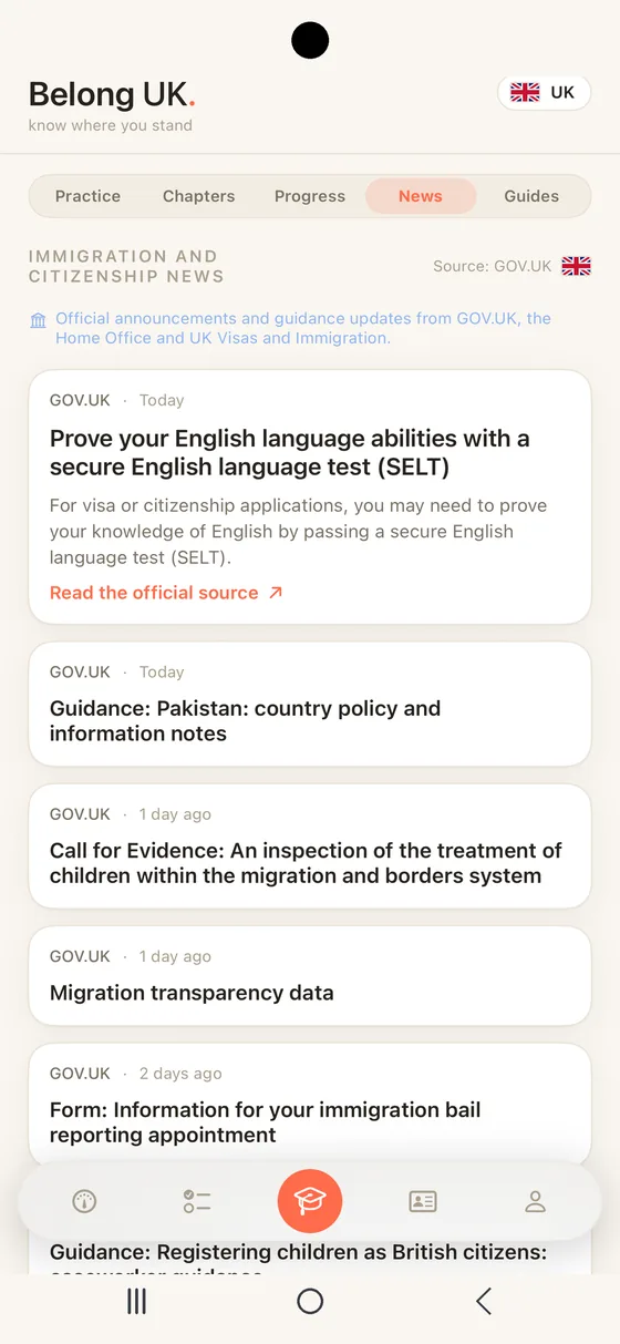 Belong UK News segment on Android showing official GOV.UK immigration and citizenship announcements