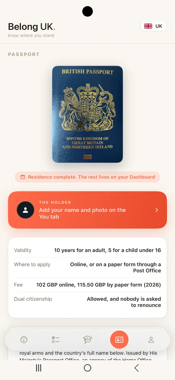 Belong UK Passport tab on Android with the British passport cover and the holder's name