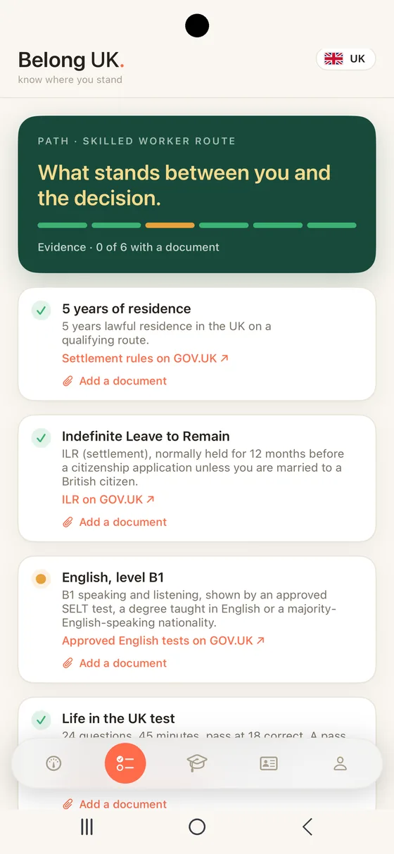 Belong UK Path tab on Android with every requirement on the Skilled Worker route