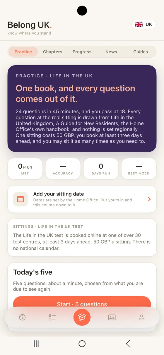 Belong UK Practice tab on Android: Today's five, chapter drills and the full Life in the UK mock