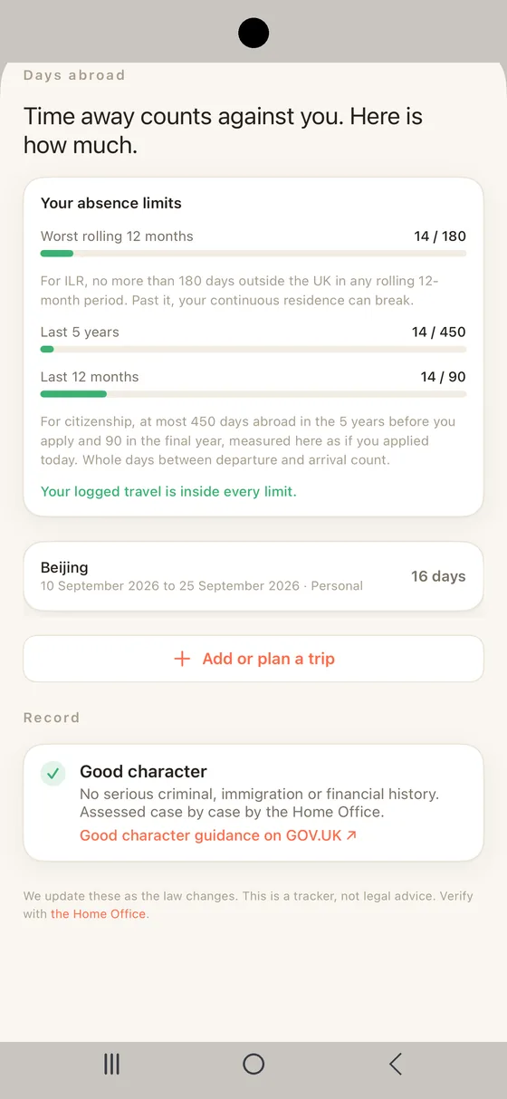 Belong UK Standing sheet on Android measuring time abroad against the 180 day rolling limit and the citizenship counts