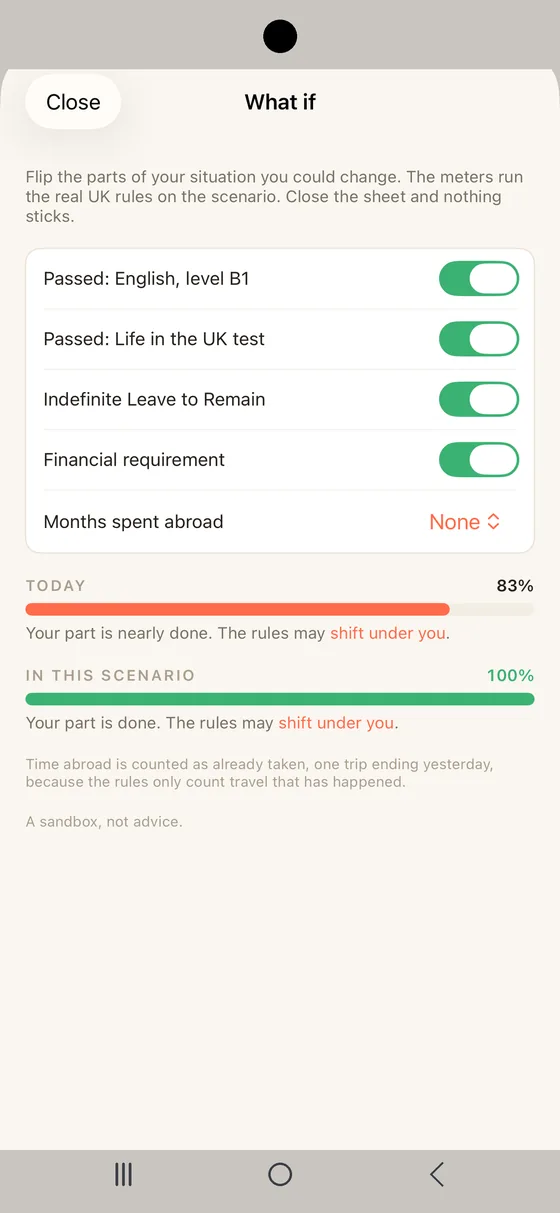 Belong UK What if sheet on Android running a scenario