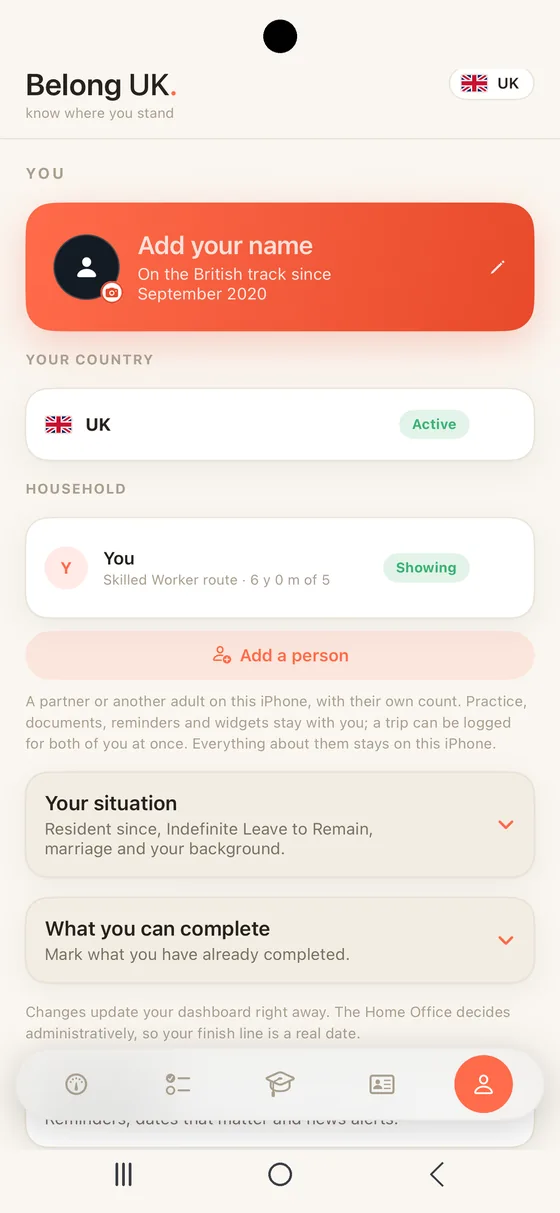 Belong UK You tab on Android with the Household section: a second person on the same phone