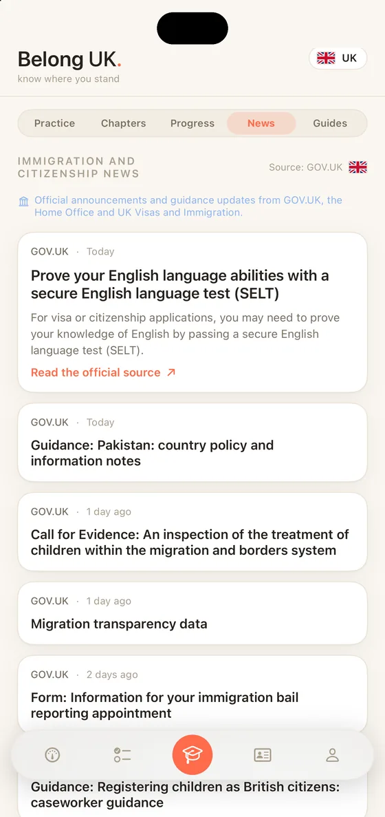 Belong UK News segment on iPhone showing official GOV.UK immigration and citizenship announcements