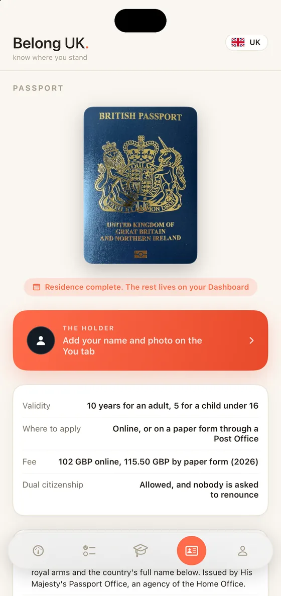 Belong UK Passport tab on iPhone with the British passport cover and the holder's name