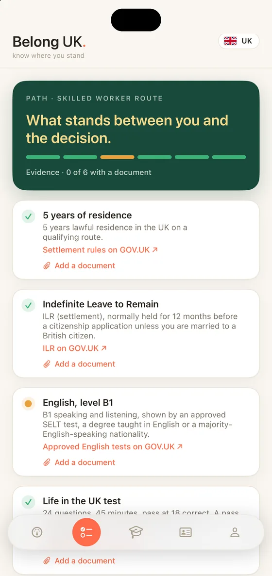 Belong UK Path tab on iPhone with every requirement on the Skilled Worker route