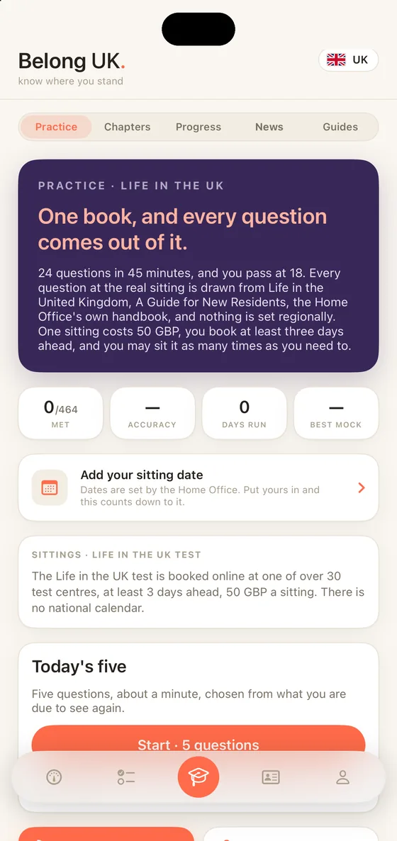 Belong UK Practice tab on iPhone: Today's five, chapter drills and the full Life in the UK mock
