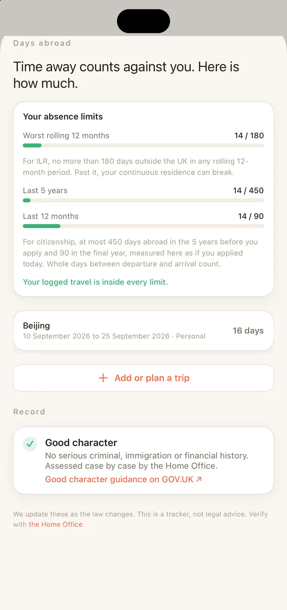 Belong UK Standing sheet on iPhone measuring time abroad against the 180 day rolling limit and the citizenship counts
