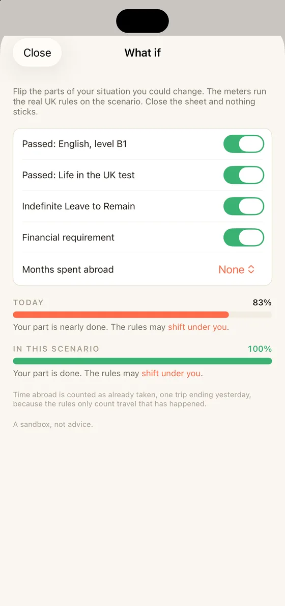 Belong UK What if sheet on iPhone running a scenario