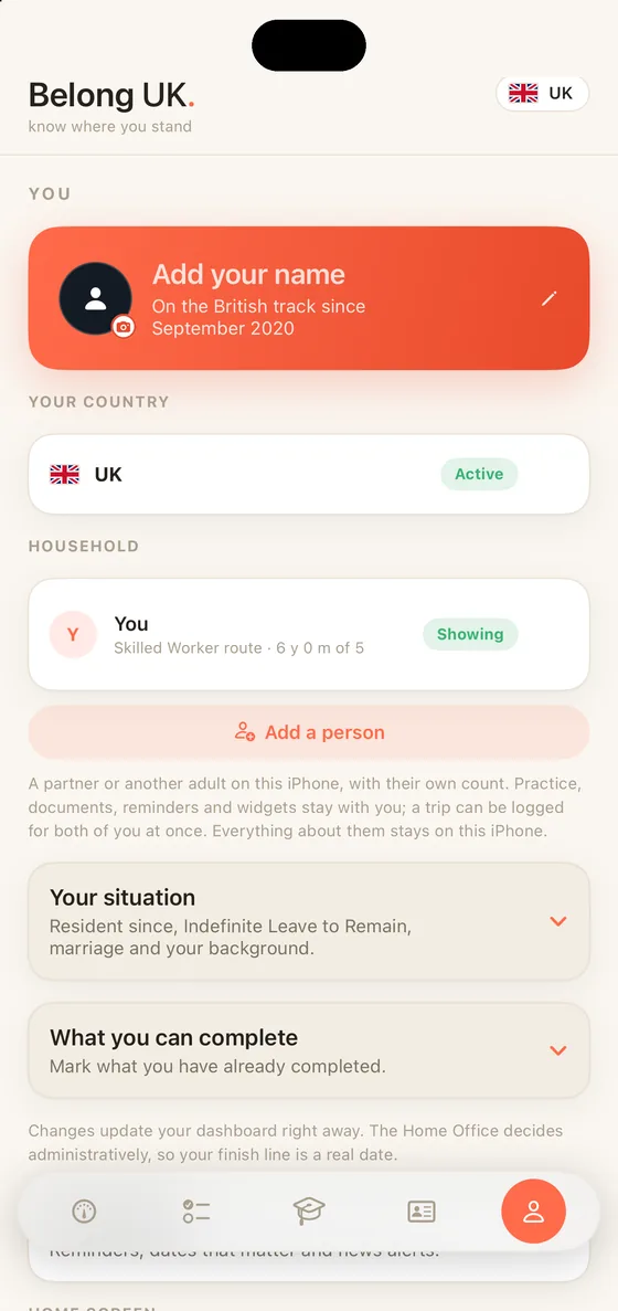 Belong UK You tab on iPhone with the Household section: a second person on the same phone